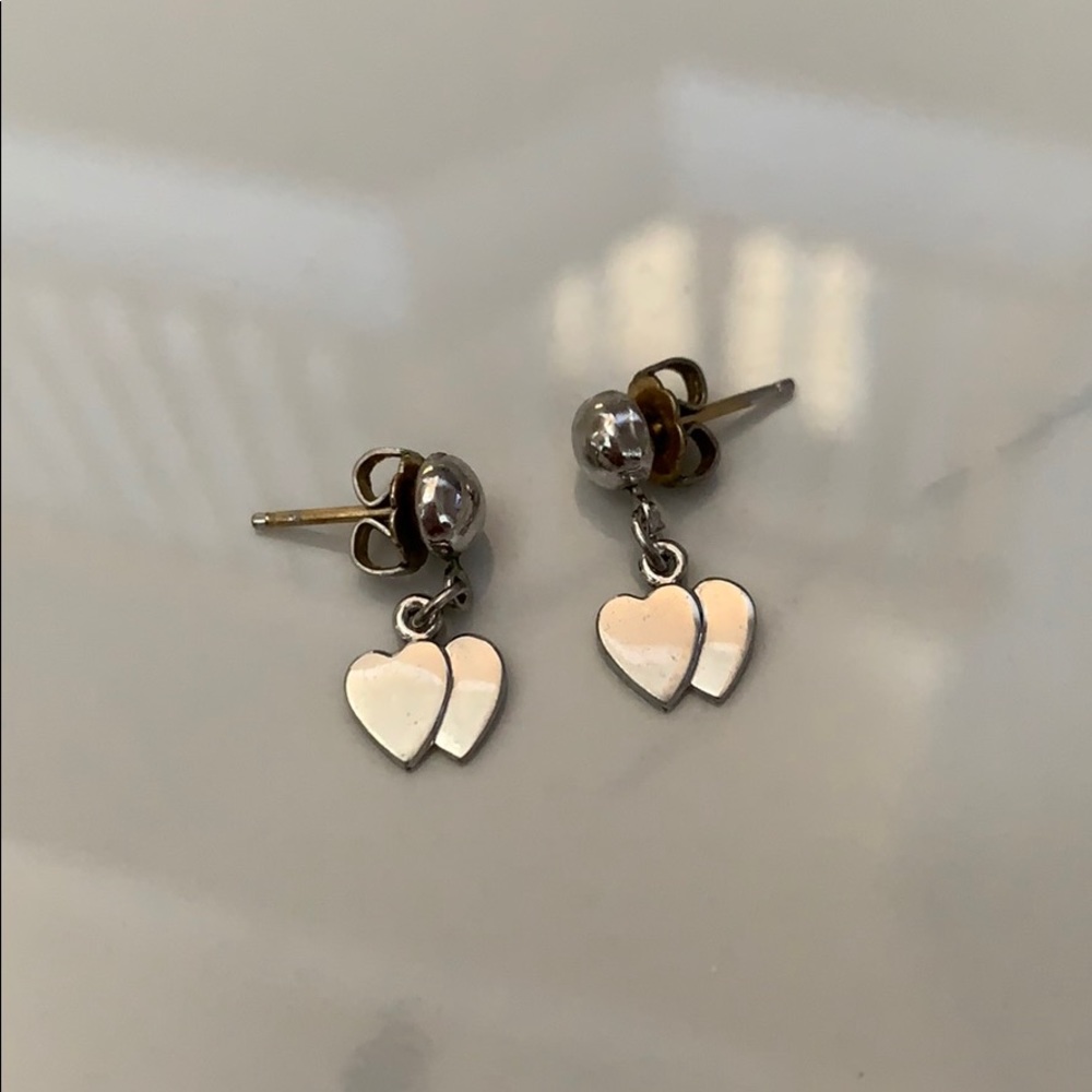 Silver Double Heart Dangle Stud Post Earrings - Picture 2 of 3
